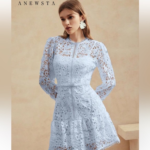Anewsta Elegant Solid Color Floral Soluble Lace Long Sleeve Dress - Picture 1 of 3